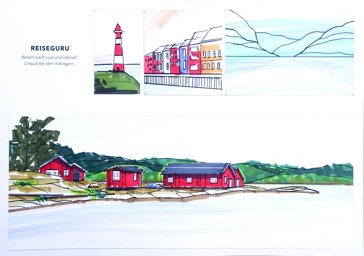 der europäische Norden gescribbelt als Landzunge mit kleinen roten Hütten. darüber 3 kleine Details von Norwegen. 